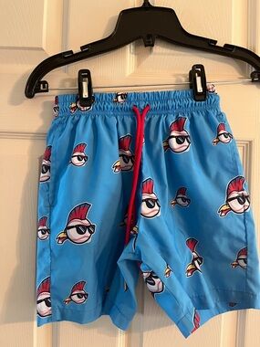 Boys Blue Baseball-Bird Swim Shorts with Red Drawstring